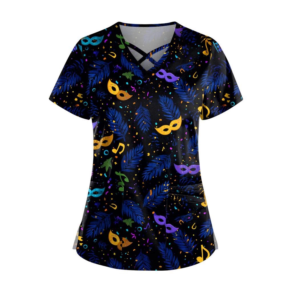 Dam Kortärmad Stagger V-ringad Tryck Ficka Torr-Topp