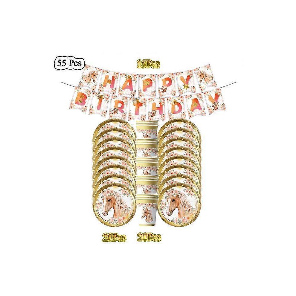 (BPL-55pcs) 20People Horse Birthday Decorations Disposable Tableware Set Paper Plates Banner Tablecloth Balloon Kids Party Supplies