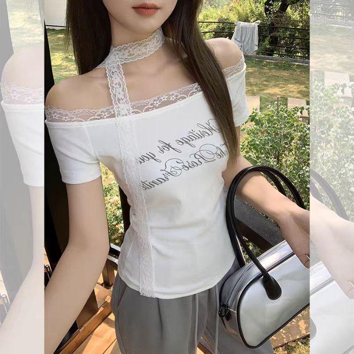 

Корейский Сексуальный Топ с Открытыми Плечами, Рюшами, Короткими Рукавами, Кружевом и Лентой на Талии Medium грязно-белый