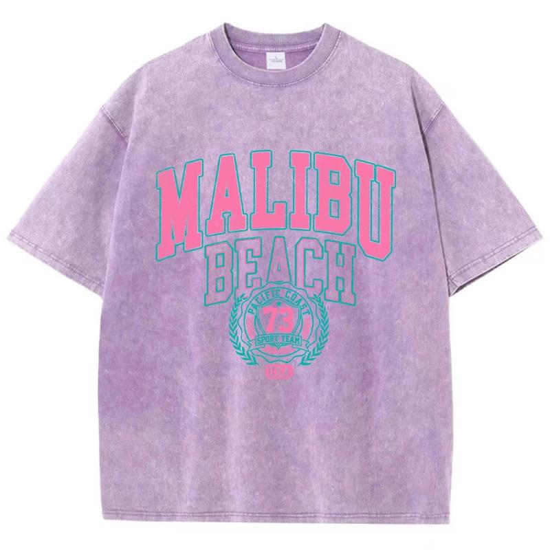 Malibu Beach Washed T-Shirt Women Letter Printing Cotton T Shirt Comfortable Crewneck Tops Casual Oversized Clothes