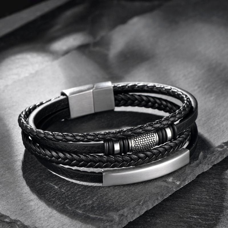Stainless Steel Multi-Layer Braided Leather Bracelet Men With Magnetic Clasp Fashion Geometric Design