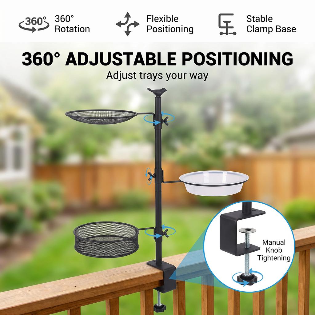 2/3 Layer Deck Bird Feeder Stand Hanging Bird Bath with Adjustable Clamp Fence Mounted Bird Feeder for Outdoor Garden Decoration