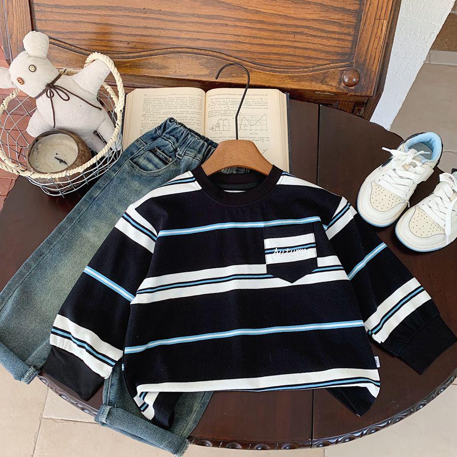 Boys' Striped Long-Sleeve T-Shirt - 2025 Autumn Fashion Trend, Elastic Casual Versatile Cool Top