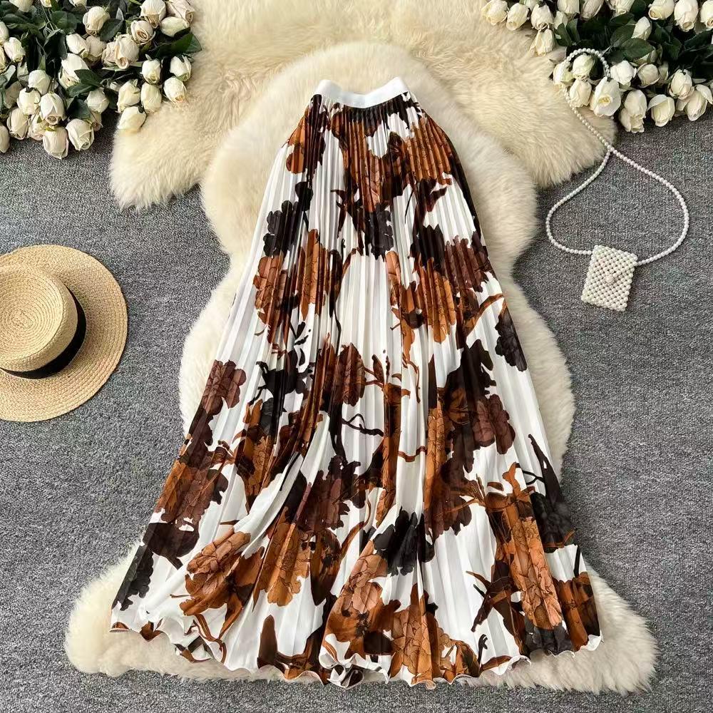 Women's High-Waisted Chinese Ink Print Pleated Midi Skirt