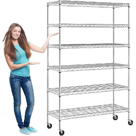 Metal Shelves 6 Layer Wire Shelving On Wheels Heavy Duty Metal Storage Rack Utility Shelves 48" NSF Steel Racks 2100 LBS Capacity Adjustable Standing