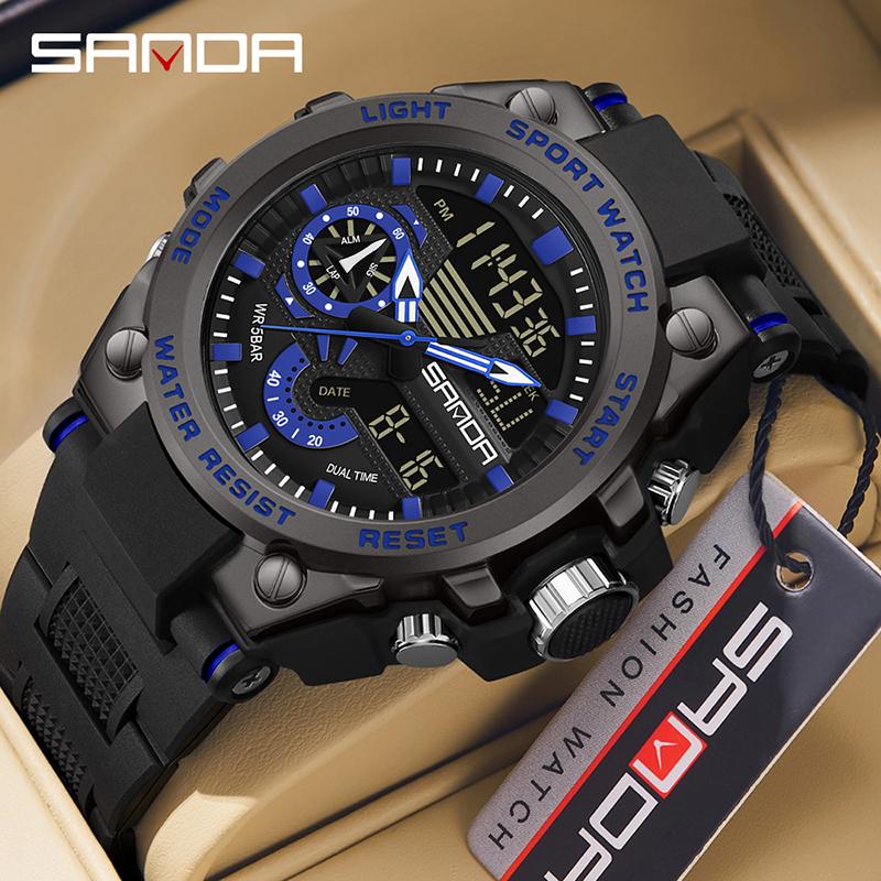 SANDA Luxury LED Dual Display Digital Quartz Watch for Men Shockproof Waterproof Sports Wristwatches Student Watch