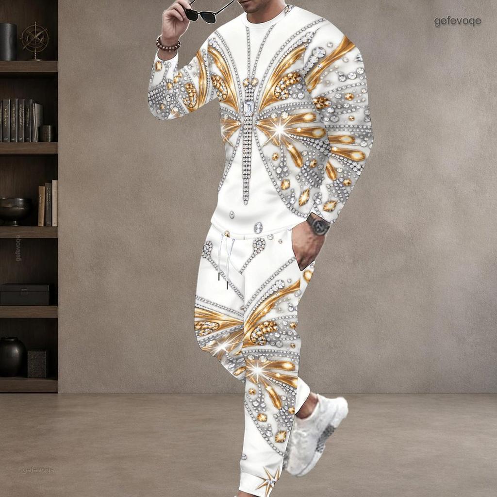 Men Plus Size Black Blue Green Printed Round Neck Long Sleeve Top Cuffed Pants Two Piece Set