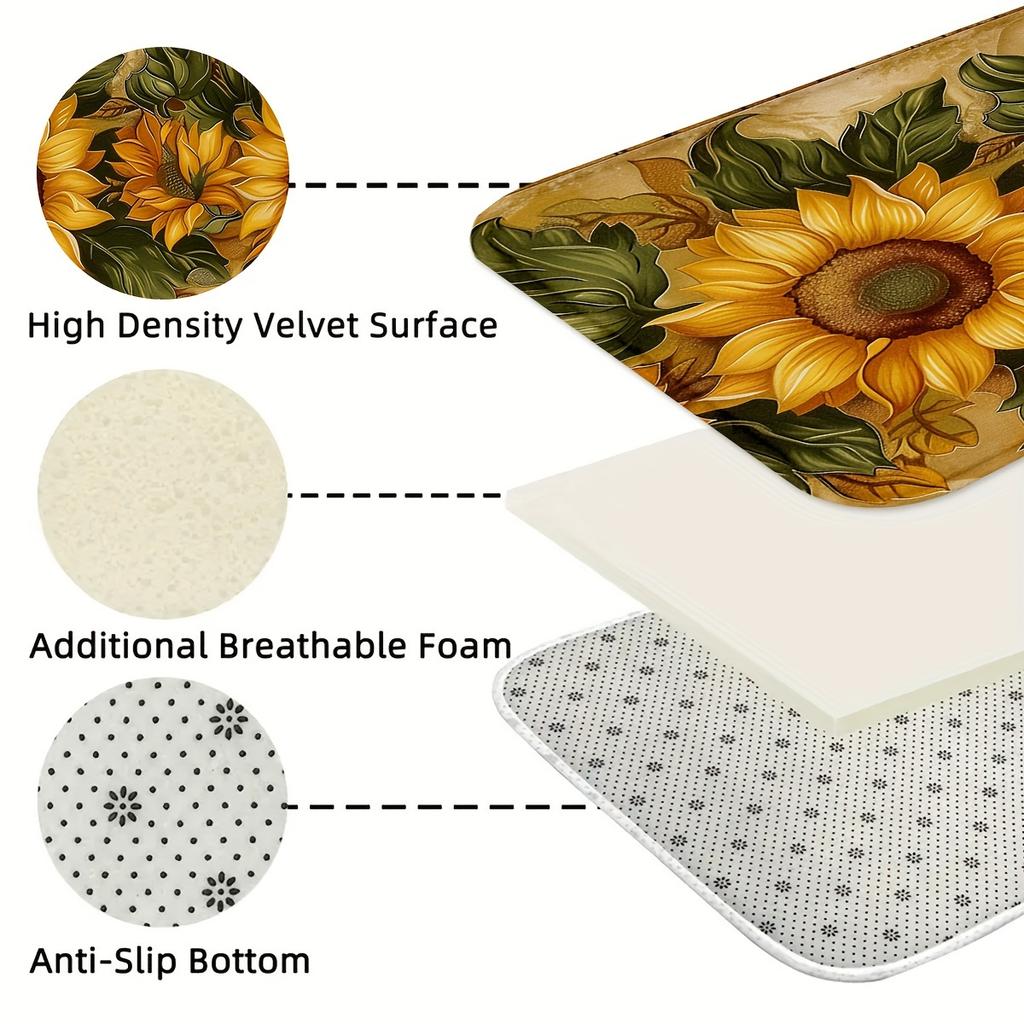 1 Stück Anti-Ermüdungs-Küchenteppiche, Sonnenblumen-Print Wasserdicht Rutschfest Dick Gepolsterte Küchenmatte Strapazierfähige Komfort-Standmatte für die Küche
