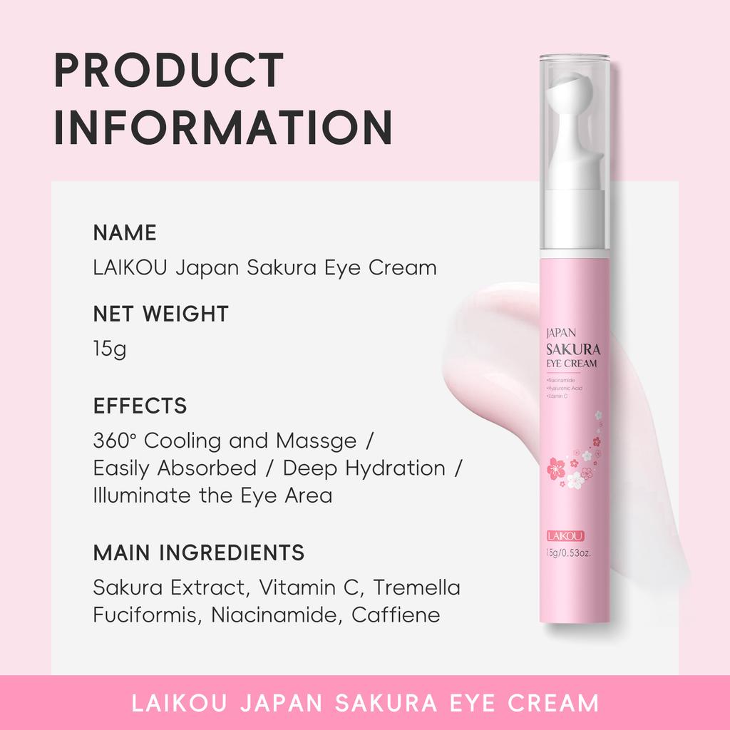 LAIKOU Sakura Eye Cream - Smoothing Eye Roller with Vitamin C, Niacinamide & Hyaluronic Acid, Cherry Blossom Scent, Moisturizing &, Eye Care