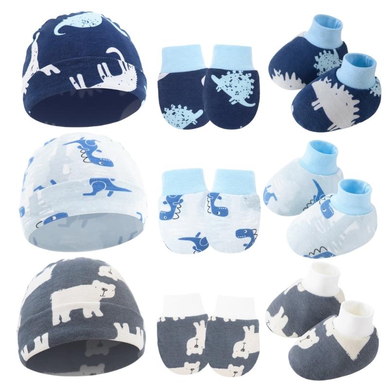 Set da 3 Pezzi Cappellino Guanti Calzini in Cotone per Neonato Anti Graffi Protezione Completa Manopole Copripiedi Accessori per Neonati