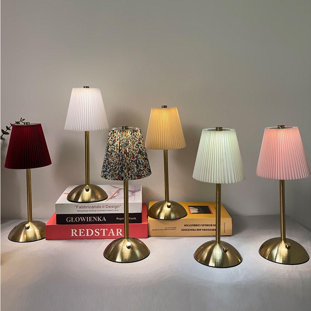 Fabric Shade Pleated Desk Lamp Metal Base LED Night Light Modern Design Touch Bedside Lamp Bar