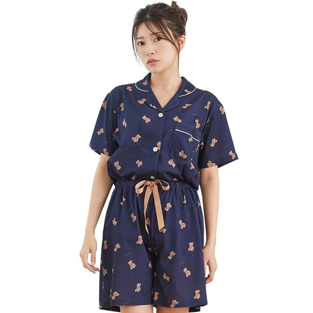 Luanna Jena Cotton Bear Pajama Short Sleeve Shirt and QWHI04 Women's 100% Set, Shorts, Spring/Summer Loungewear, (Size M, Bear/Navy)
