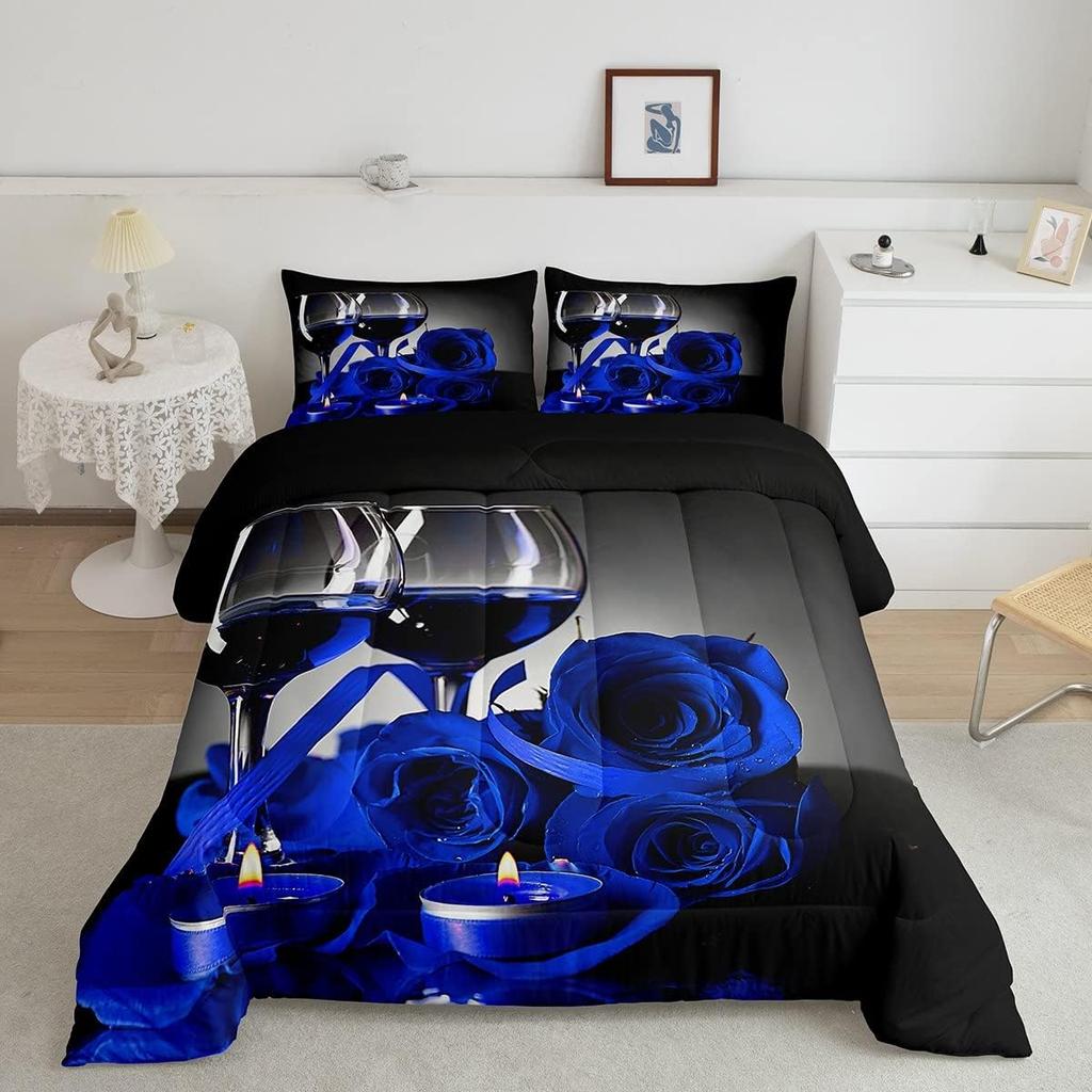 Bedding Set Rose Floral 3D Blue Glass