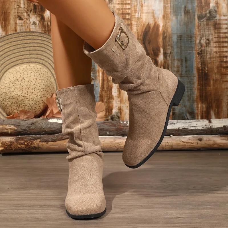 Fashion 2025 Brand Ladies Shoes Belt Buckle Women's Boots Fashion Slip-on Modern Boots Women Winter Retro Rome Plus Size Mid-Calf Boots