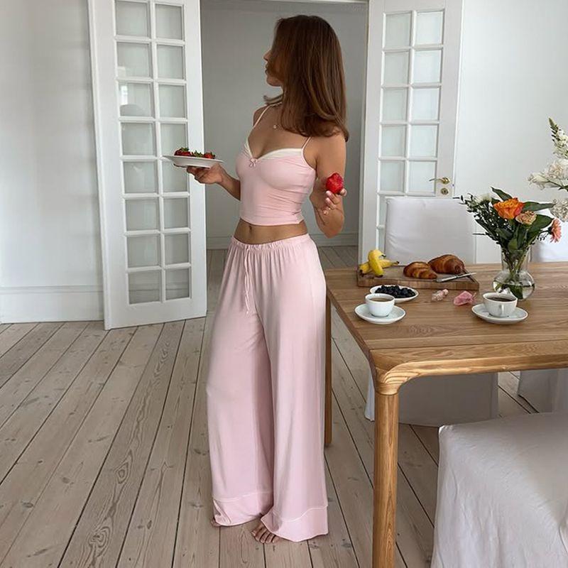 Cnyishe Sweet Style Gyaru V-neck Cami Elastic Band Wide Leg Pants Soft Glutinous Comfortable Home Style Two-piece Set