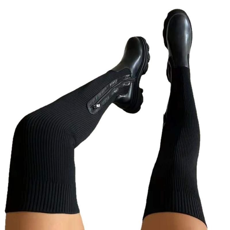 Autumn and winter thick-soled over-knee boots women's elastic fly-woven wool high boots round-head breathable single shoes
