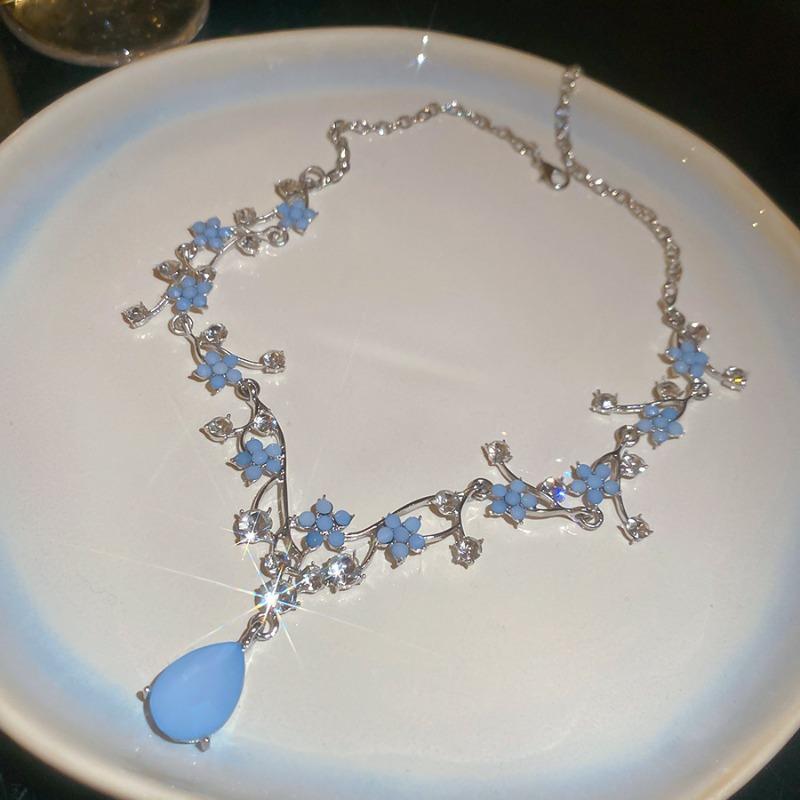 Monet Garden~ Diamond Resin Flower Water Drop Earrings Necklace Set Light Luxury High-end Princess Style Jewelry Women