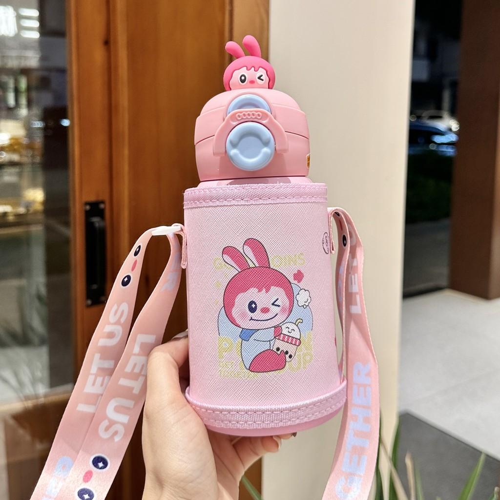 Capybara Kinder Thermosflasche mit Strohhalm und Trageseil für Schule und Reisen