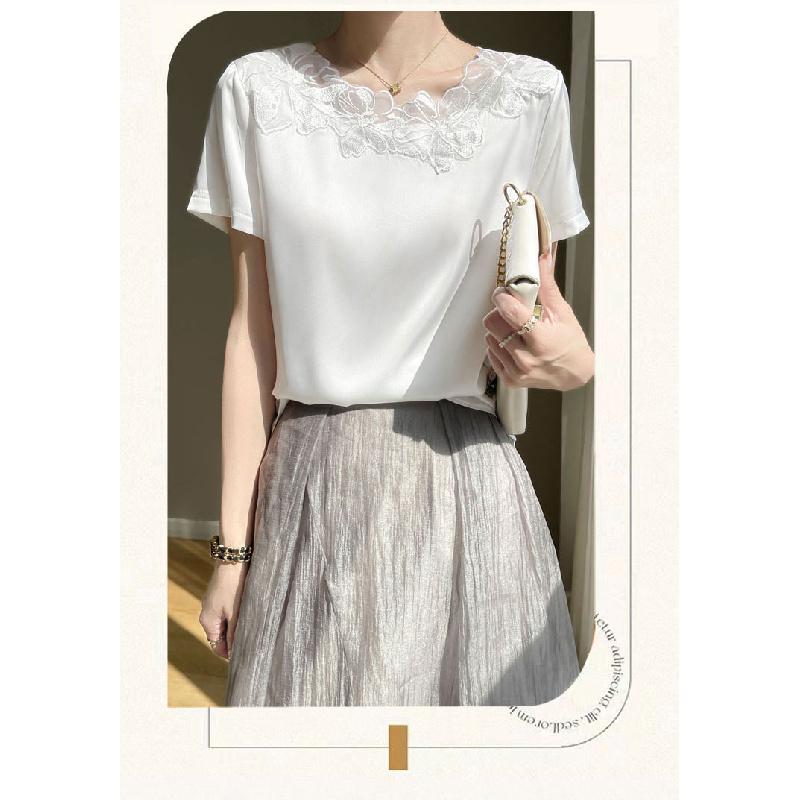 Summer new floral mesh short-sleeve casual T-shirt for women, fashionable top