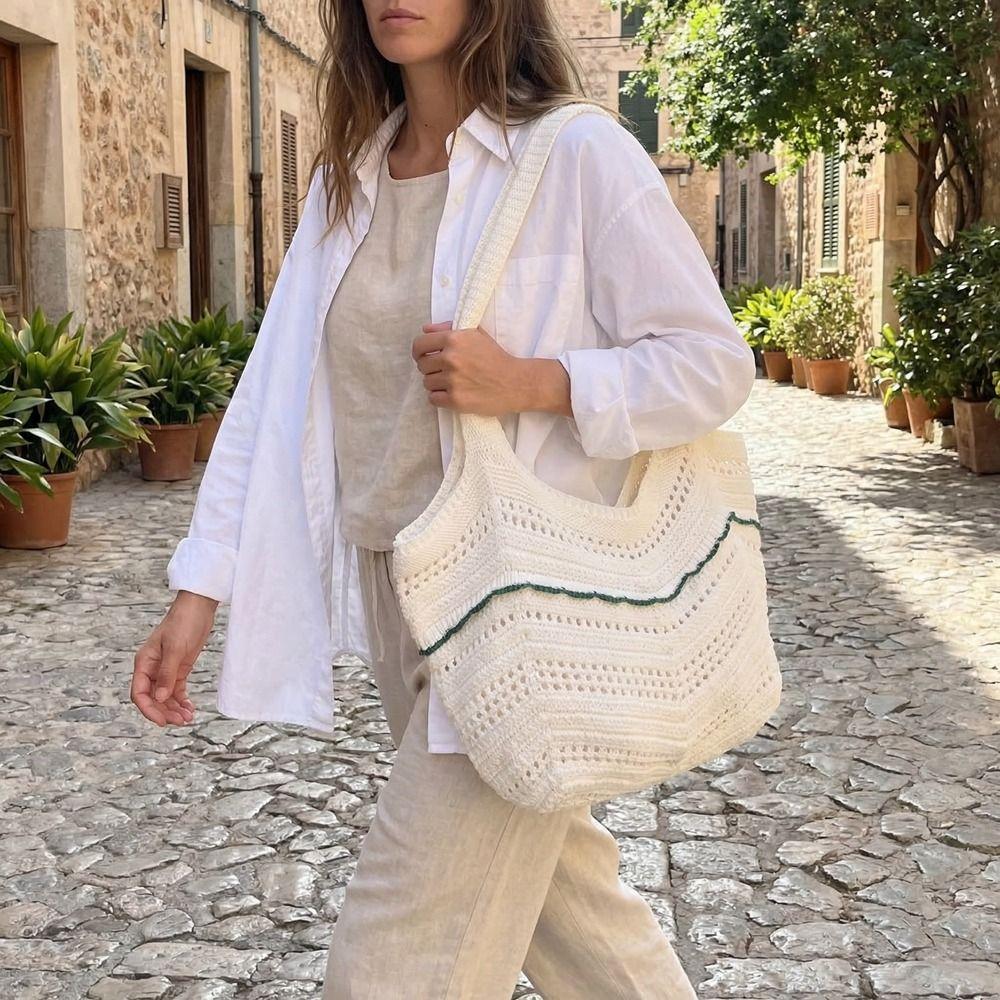 Korean Style Hollow Out Knitted Weave Bag Solid Color Knitted Shoulder Bag Crochet Tote Bag  Daily