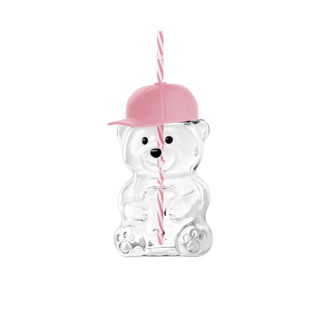Bear Shaped Drinking Glass with Baseball Cap Lid and Reusable Straw BPA Free Plastic Cup for Kids and Adults Novelty Beverage Container