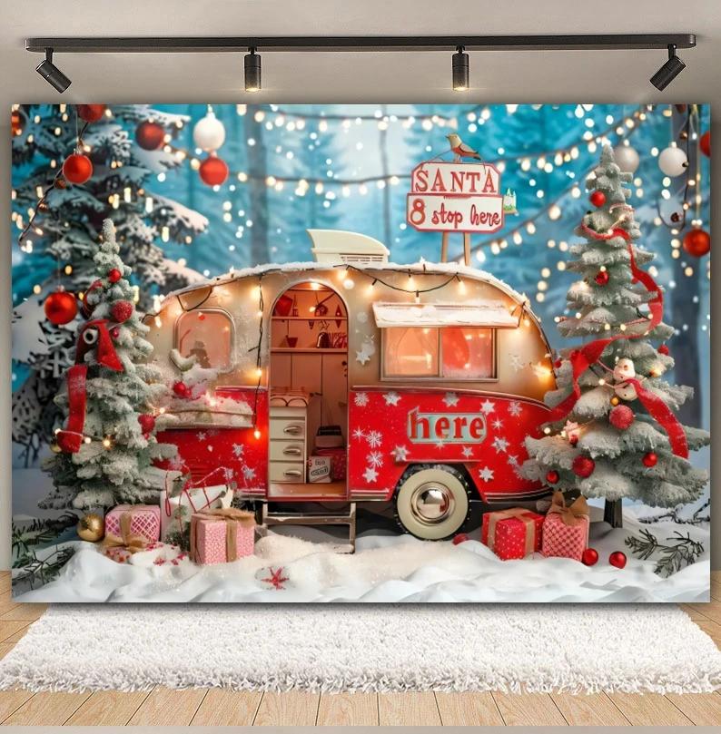 Christmas Truck Photography Backdrop Xmas Tree Winter Forest Snow Candy Cane Gifts Kids Portrait Family Party Photo Background