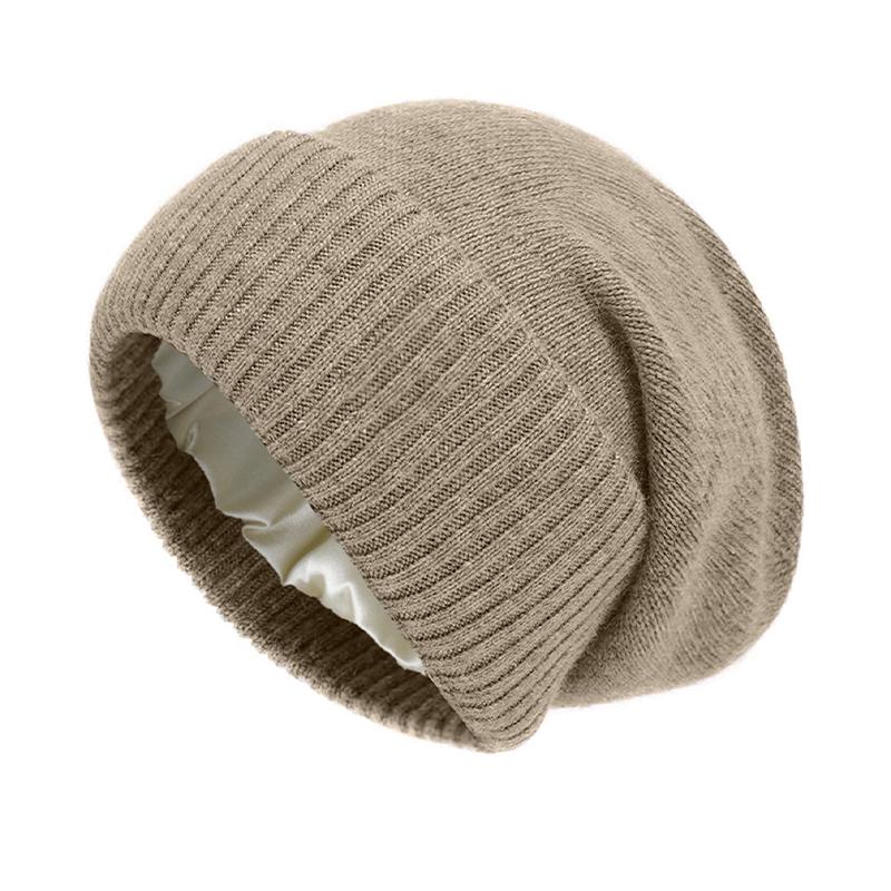 

Women 100% Cashmere Beanie Hat Satin Lined Knit Slouchy Silk Lining Foldable Winter Warm Soft Bonnet Cold Weather Accessory верблюд