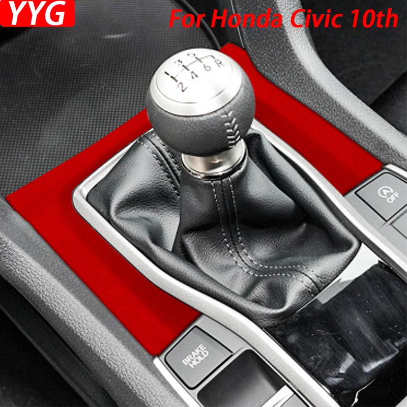 For Honda Civic 10th 2016- Red Suede Manual Gear Shift Surround Panel Decorative Cover Car Interior Modification Accessories