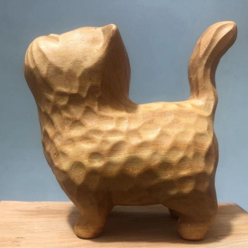Tiny Cat Sculpture Hand-carved Animal Figurine Cat Ornament Wooden Cat Statue  Desktop