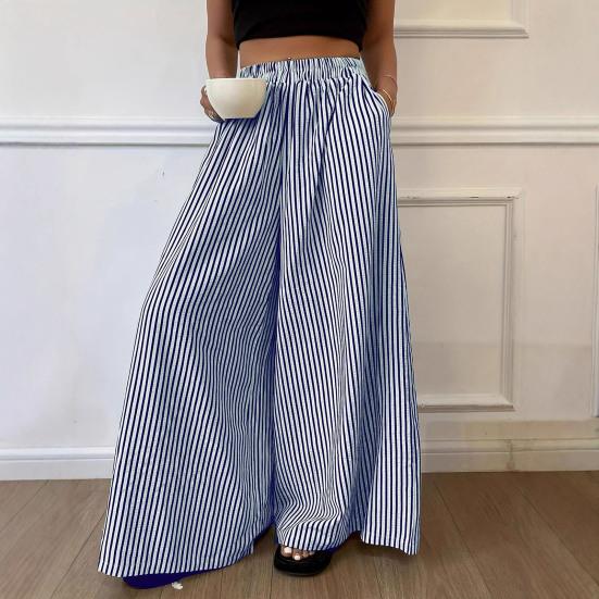 Women Pants with Pockets, Casual Wide Leg Trousers with Elastic Waist, Loose Fit Striped Print Pants for Everyday Wear