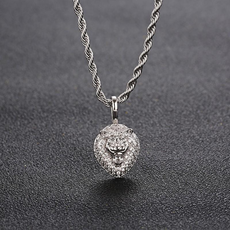 Solid Lion Head Pendant Necklace With Zircon Stones Hip Hop Unisex Jewelry Gold White