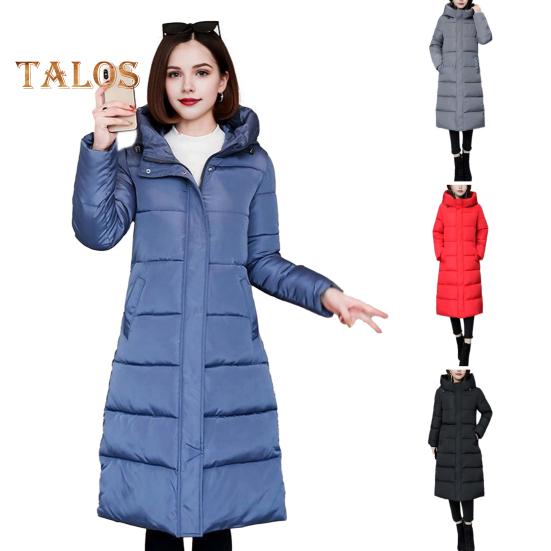 Winter Down Coat Thickened Padded Hooded Stand Collar Knee Length Pockets Zipper Closure Windproof Heat Retention Warm Daily Cold Weather Outwear