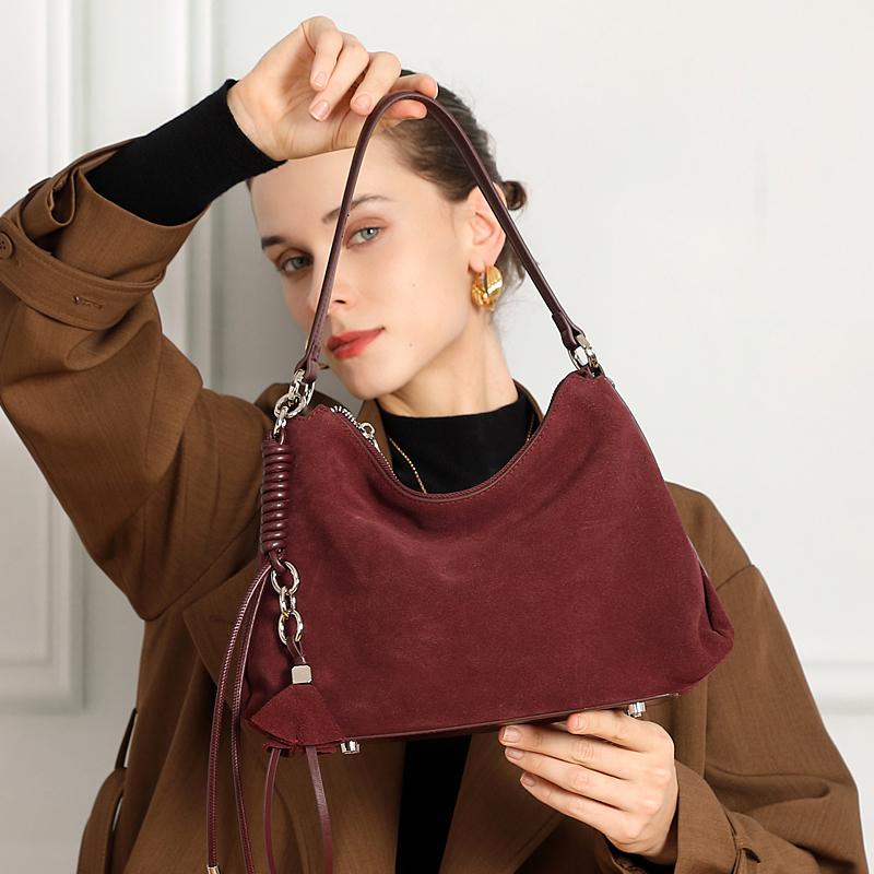 HIFASHION Genuine Suede Leather Hobo Bags For Women New 2026 Luxury Designer Crossbody Vintage Tassel Underarm Shoulder Handbags