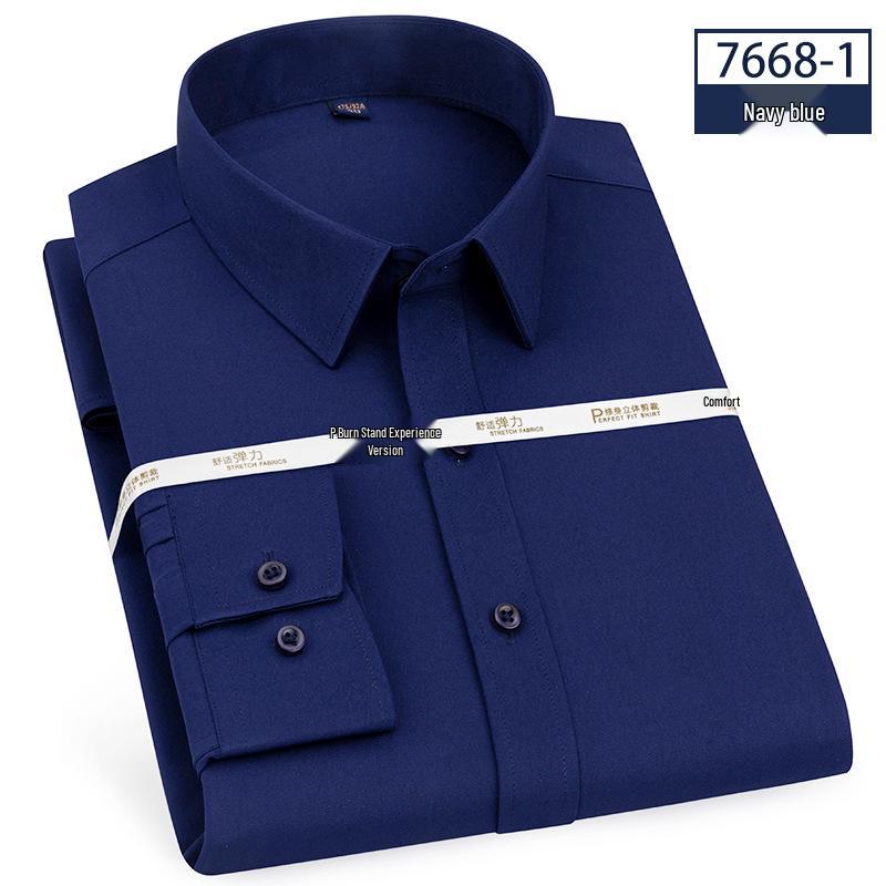 High Elasticity Non-Iron Slim Fit Men's Long Sleeve White Collar Business Casual Shirt with Pocket for Spring and Autumn.