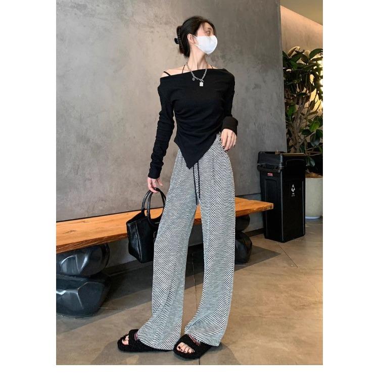 Loose and Casual Knitted Stripe Wide Leg Pants for Women In Spring and Autumn