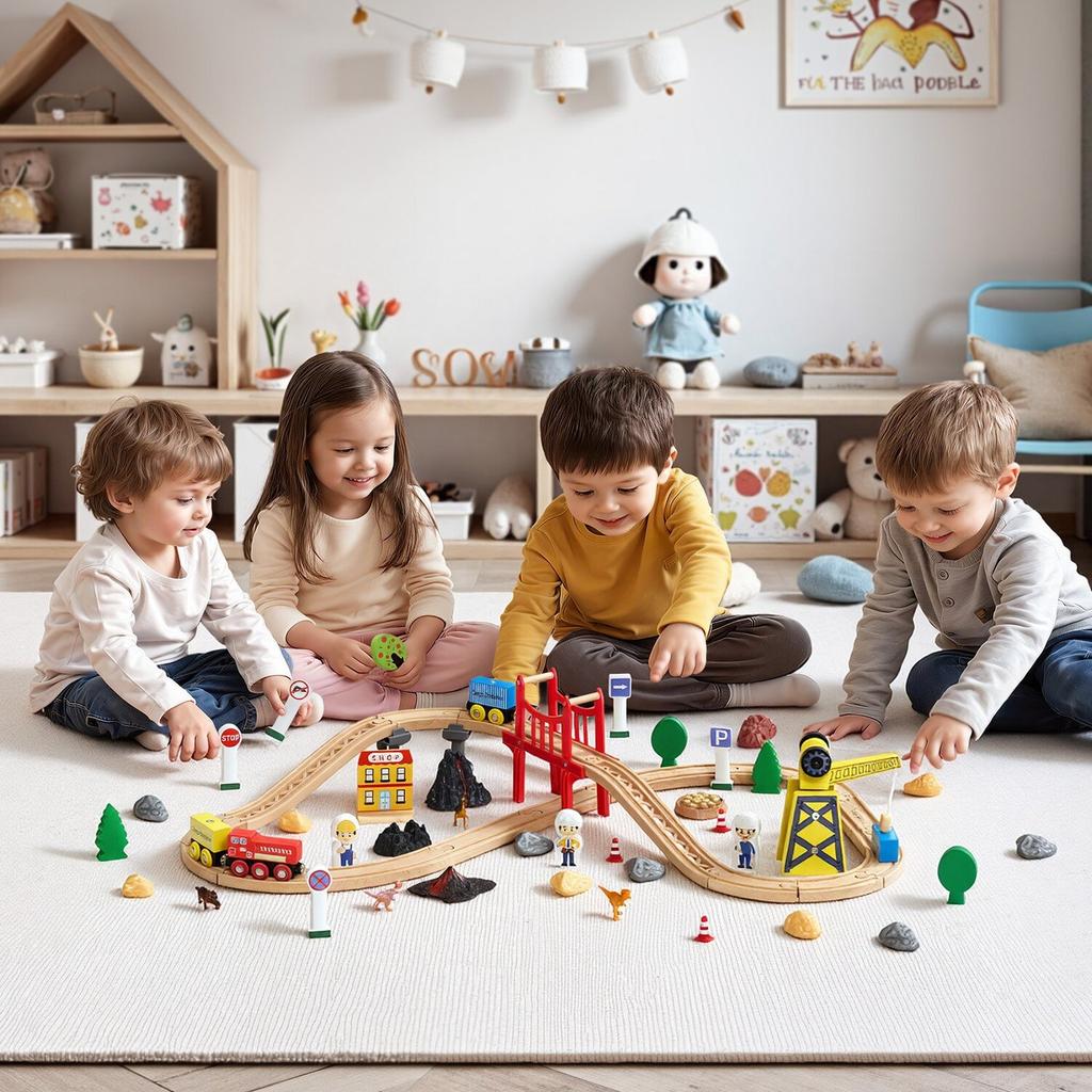 70PCS Wooden Train Set, with Magnetic Crane, Wood Train Track Toy for Kids Ages 3-8, Construction Crane Railway Set, Compatible with Major Brands,