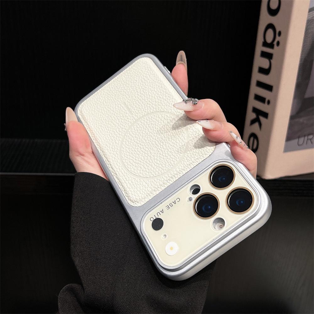 Lychee Pattern Magnetic Snap iPhone16/17Pro Case with Large Lens Protector