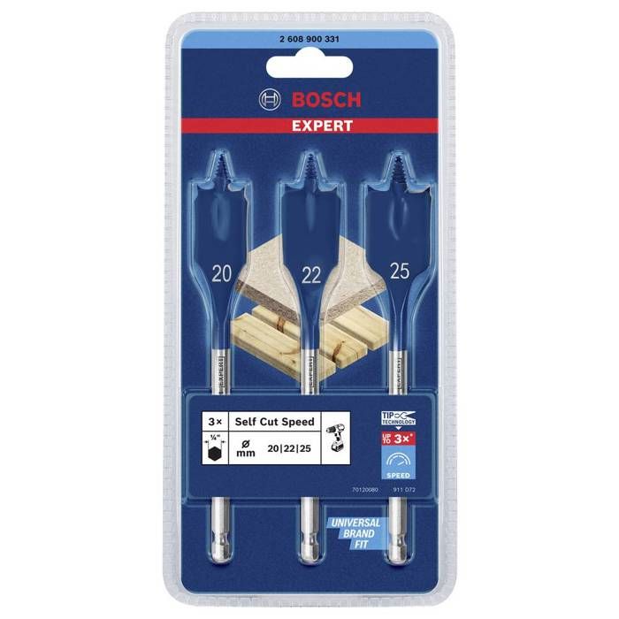 Bosch accessories 2608900331 jeu de mèches à bois plates 3 pièces 20 mm, 22 mm, 25 mm longueur totale 152 mm tige hexag