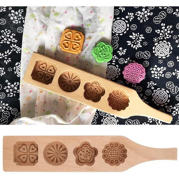 Wooden 4 Flower Pattern DIY Handmade Press Food Pastry Biscuit Cookie Pumpkin Pie Baking Tool for Home Bakery Dessert Shop(Pattern Two)