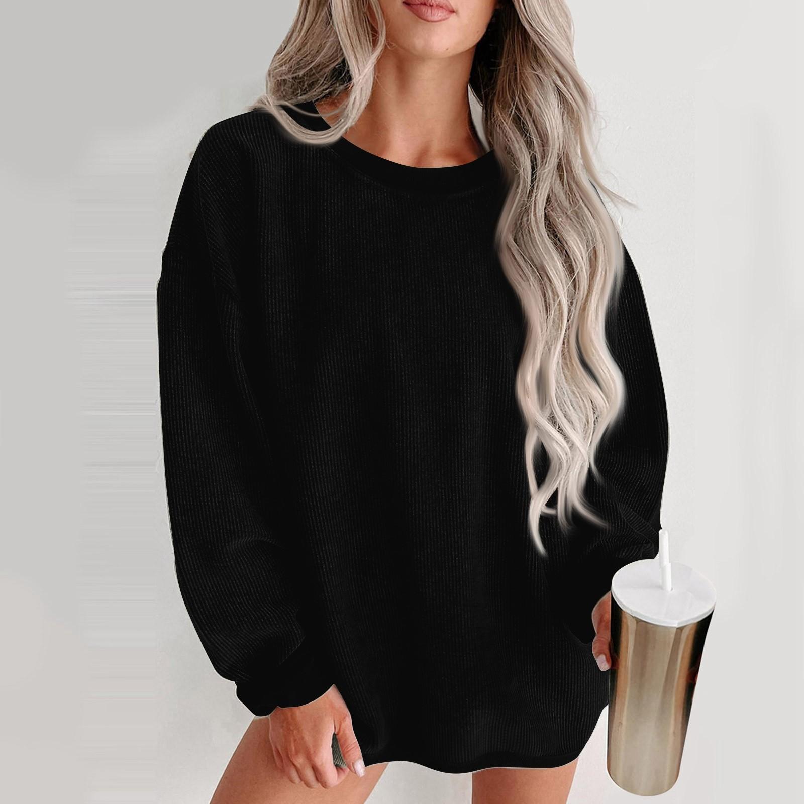 

Женская мода однотонный круглый вырез с длинным рукавом повседневный пуловер свитшот топ S чёрный