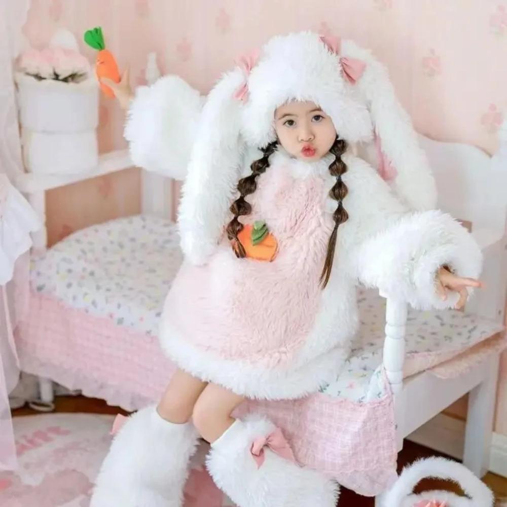 Costume da Coniglio Peluche Cartone Animato per Bambini Cosplay Kawaii Set Invernali Caldi per Bambini Top Pantaloni Cappello Tuta Outfit per Feste di Halloween Ragazza Regalo