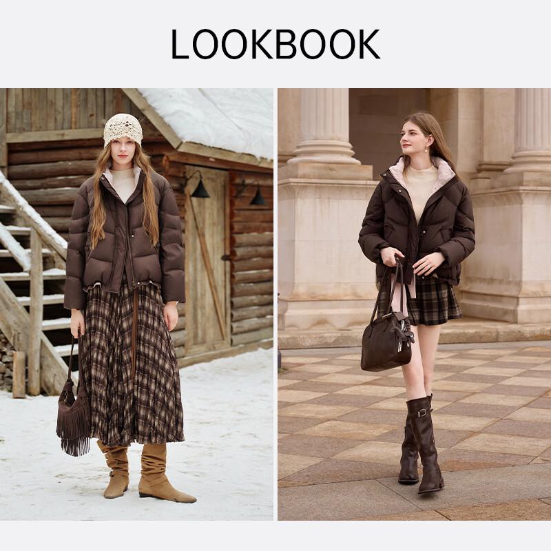 Women's Short Brown Stand Collar 90% Duck Down Jacket