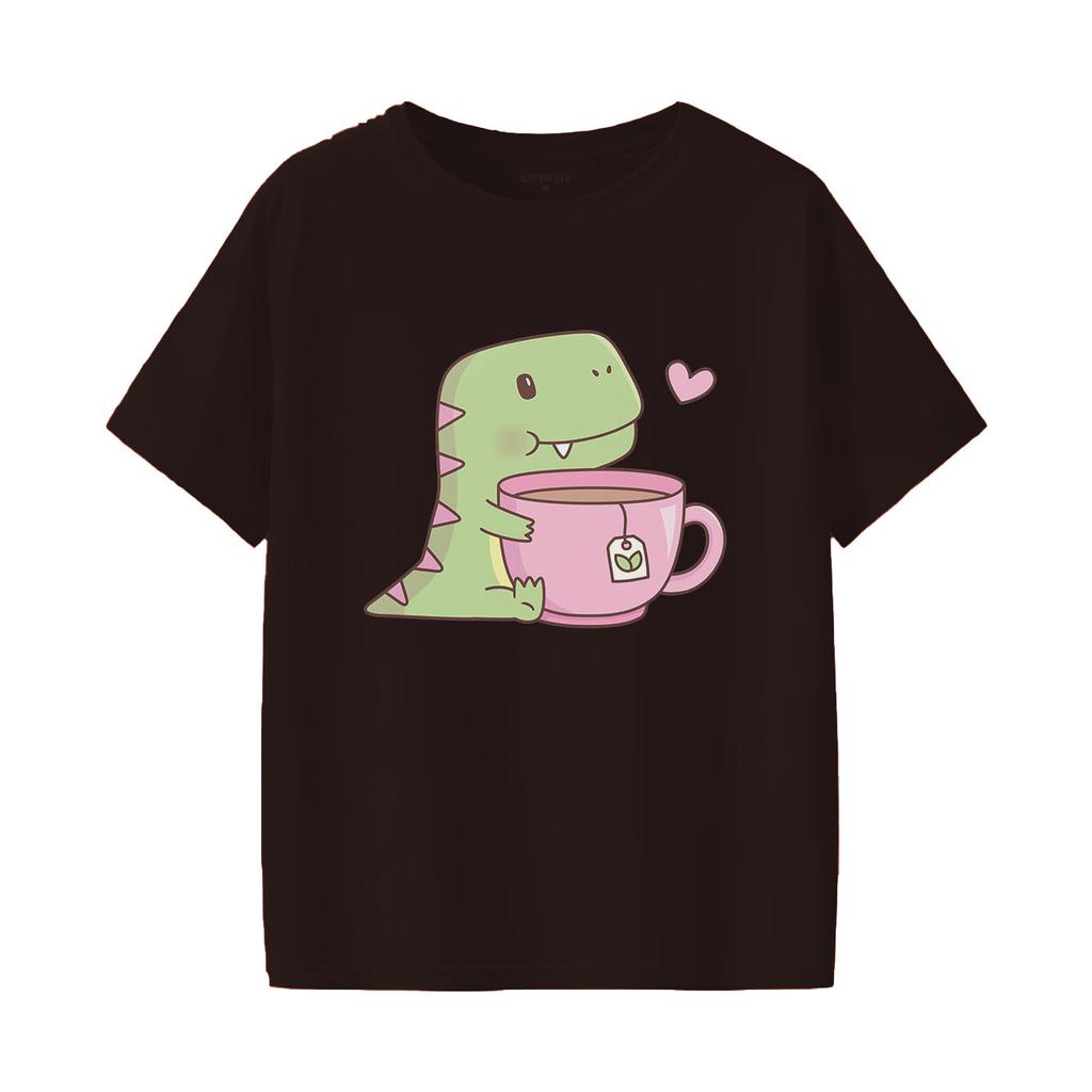 Cute dinosaur print short sleeved round neck versatile fashionable Womens Tshirt suitable for all seasons