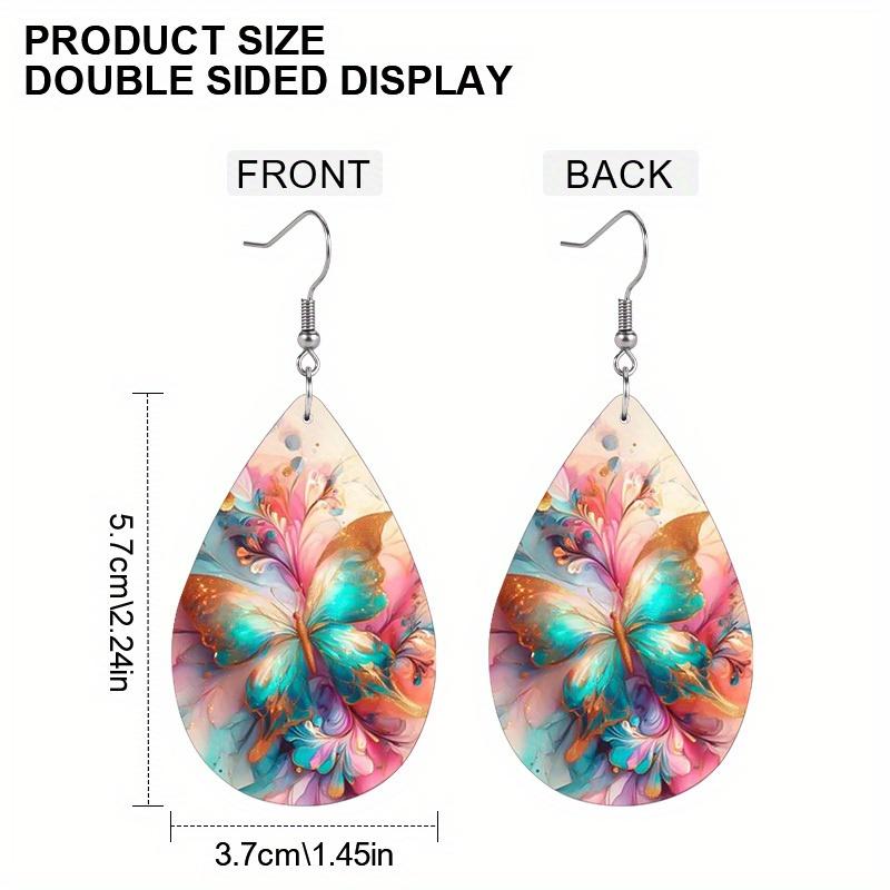 Elegant Spring Colorful Butterfly Dragonfly PU Earrings for Women Girls, Charming Insect Lucky Double Sided Print Waterdrop Earrings