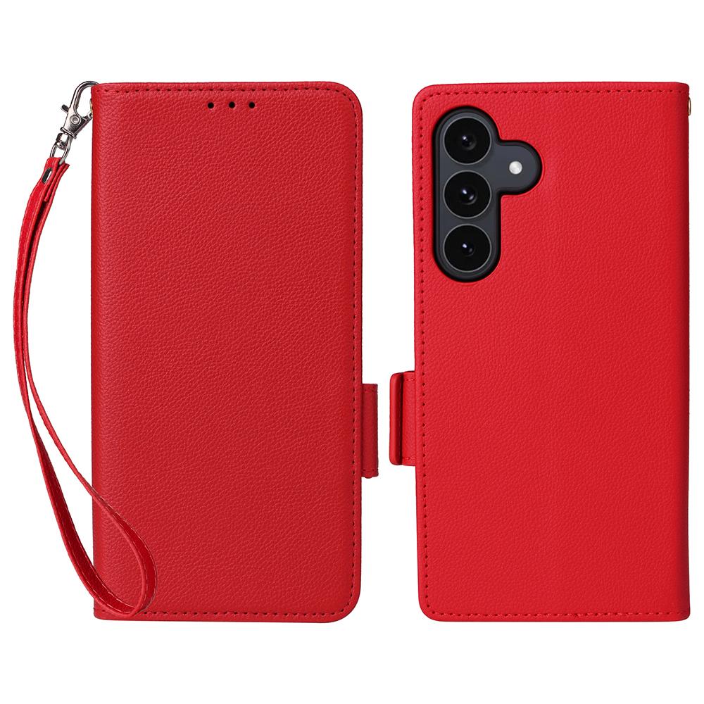 

For Samsung Galaxy S25 FE Case with Wrist Strap Litchi Texture PU Leather Wallet Phone Cover Red