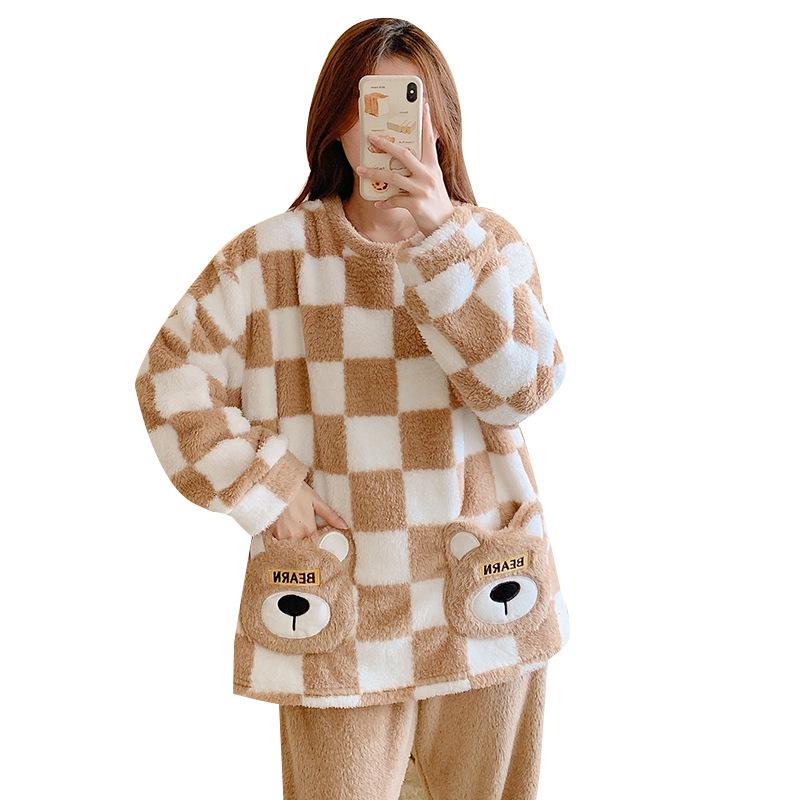 Women's Plus Size Plaid Plush Pajamas for Winter - Long Sleeve, Cozy Fit for All Body Types