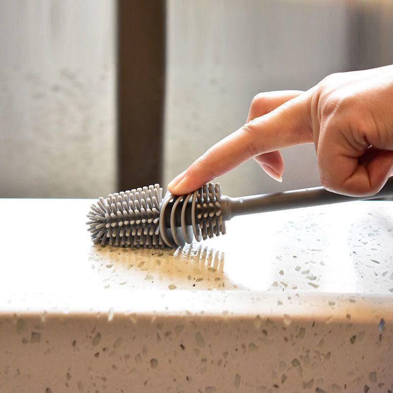 Rotating Long-Handle Brush for Cup and Baby Bottle Cleaning with Hard and Silicone Bristles