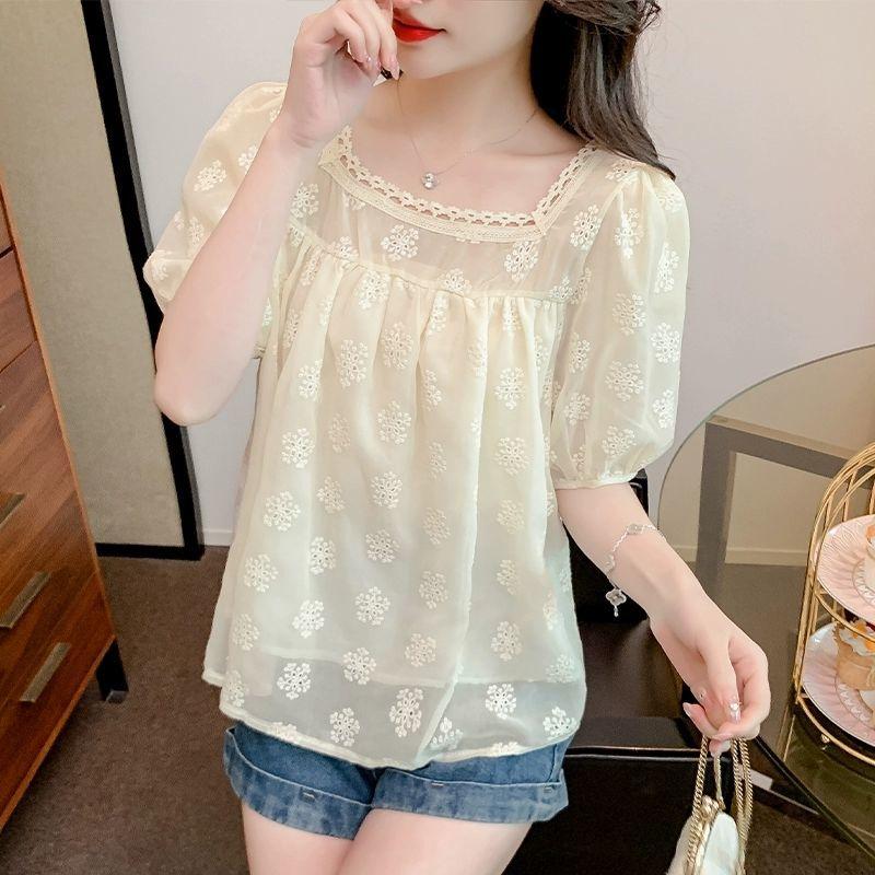 Summer Elegant Square Collar Shirt Sweet Hollow Out Embroidery Women's Loose French Style Puff Sleeve Spliced Folds Blouse
