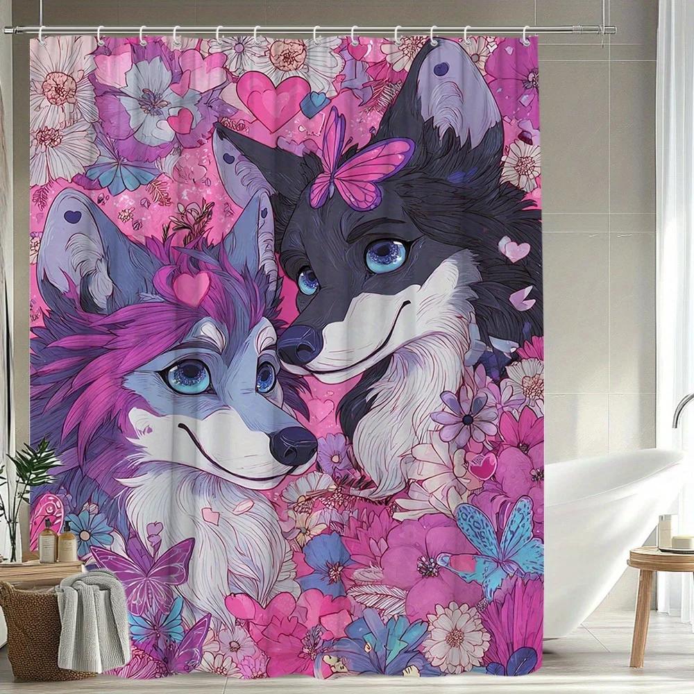 1pc Valentine'S Day Shower Curtain Cute Animal Floral Pattern Wolf and Butterfly Medieval Style Bathroom Decor Polyester Fabric