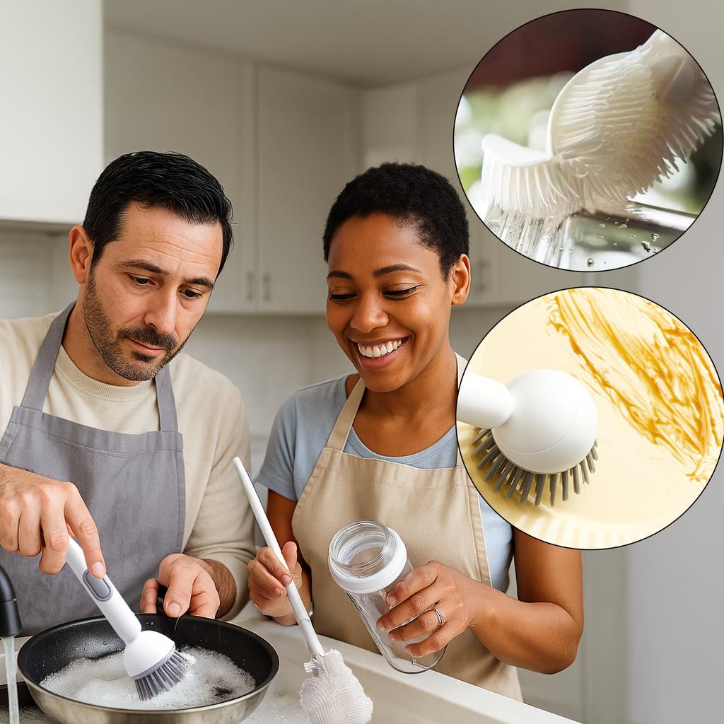 2pcs Heavy-Duty Dish Cleaning Brush Set with Detergent Dispenser - Rotating Scrubber & 2 Long Reach 90° Cup Brushe